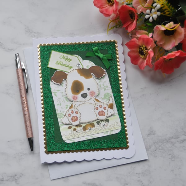 Dog Birthday Card Happy Birthday Patch the Puppy Dog Green Glitter Card