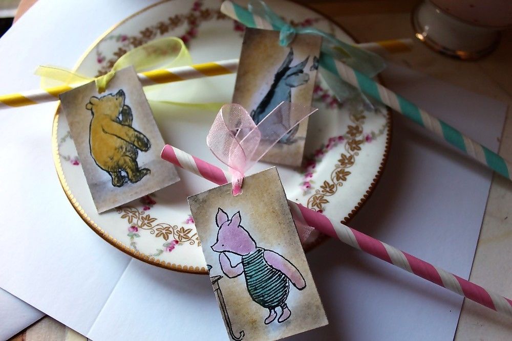 Winnie the Pooh Childs Party Pink, Blue & Yellow Paper Straws withTags