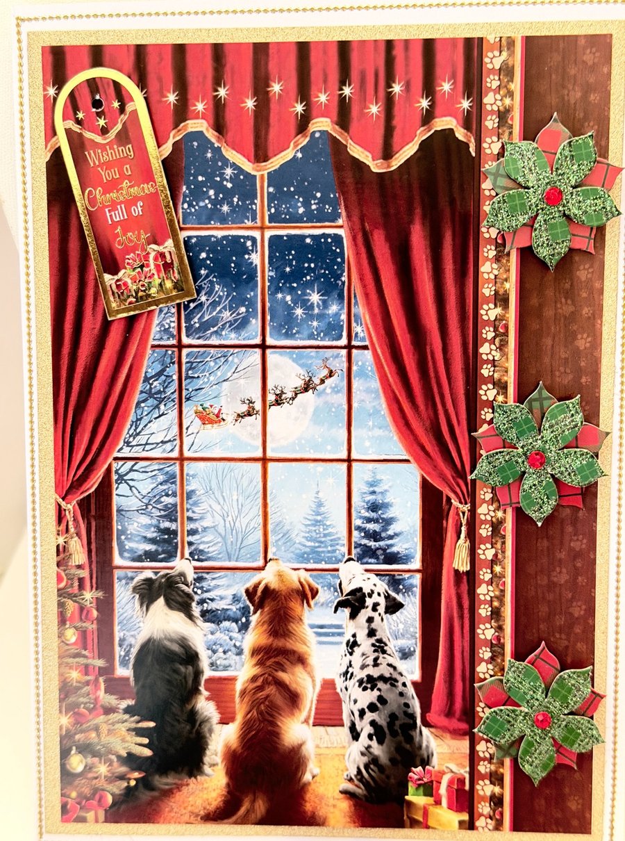 Handmade Dogs Christmas Card, Cozy Window Scene with Santa Sleigh.