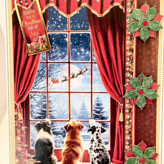 Handmade Dogs Christmas Card, Cozy Window Scene with Santa Sleigh.