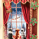 Handmade Dogs Christmas Card, Cozy Window Scene with Santa Sleigh.