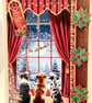 Handmade Dogs Christmas Card, Cozy Window Scene with Santa Sleigh.