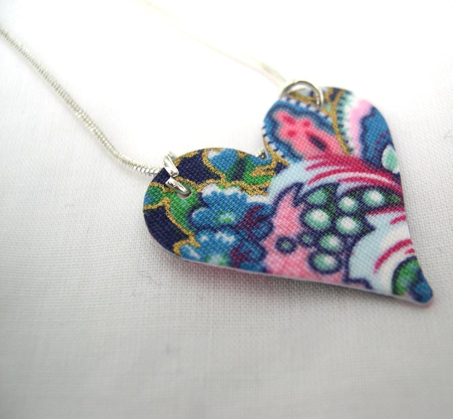 Blue Ditsy Floral Hardened Fabric Heart Necklace 