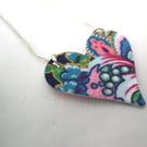 Blue Ditsy Floral Hardened Fabric Heart Necklace 