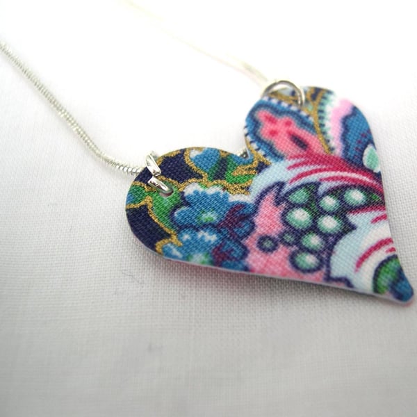 Blue Ditsy Floral Hardened Fabric Heart Necklace 