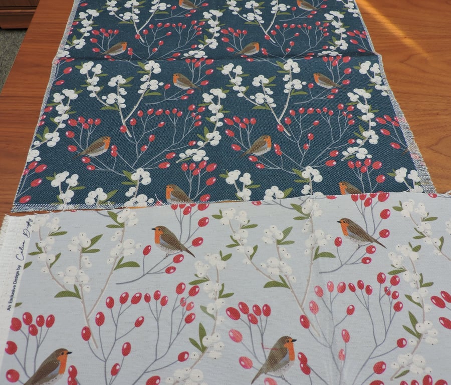 Linen Fabric Remnants   Robins and berries