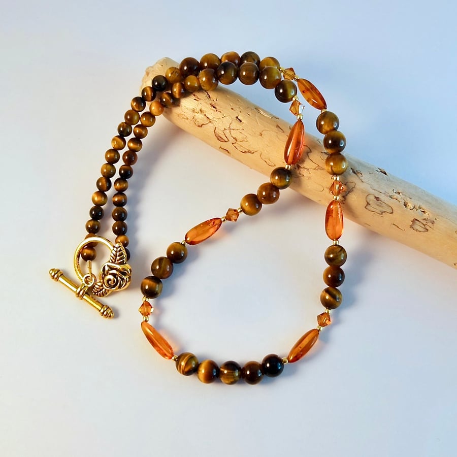 Amber, Tiger Eye & Crystal Necklace, Birthday, Anniversary, Gift For Her