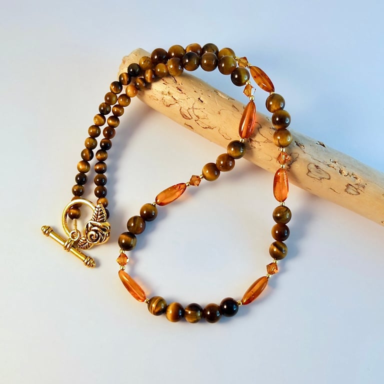 Amber, Tiger Eye & Crystal Necklace, Birthday, Anniversary, Gift For Her