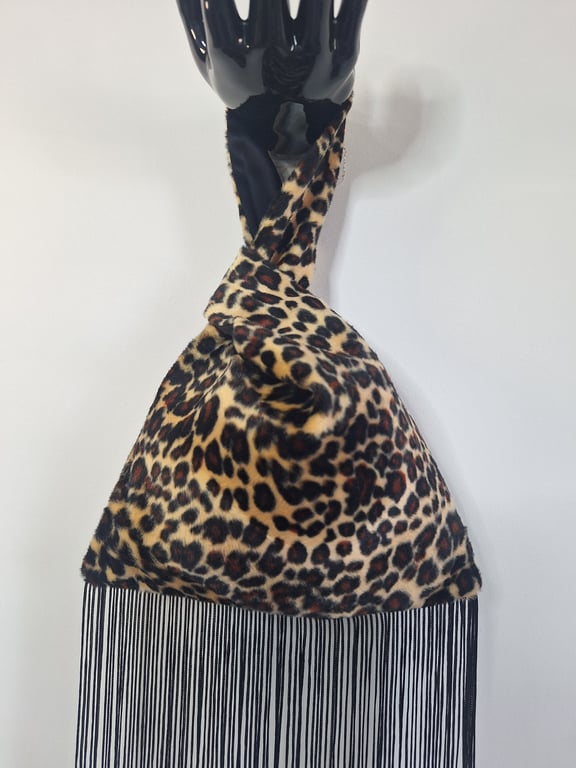 Leopard print faux fur fabric Japanese Knot bag with 48cm black tassel trim and