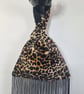 Leopard print faux fur fabric Japanese Knot bag with 48cm black tassel trim and