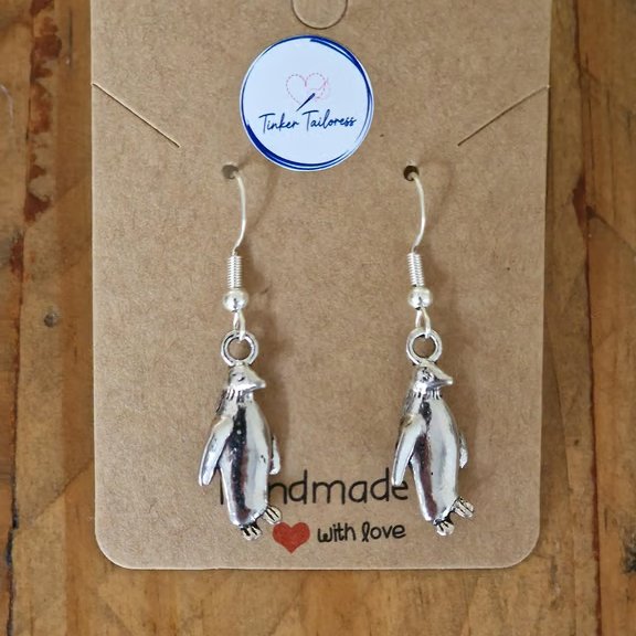 Antique Finish Silver Toned Penguin Drop Earrings - 925 Silver Ear Wires
