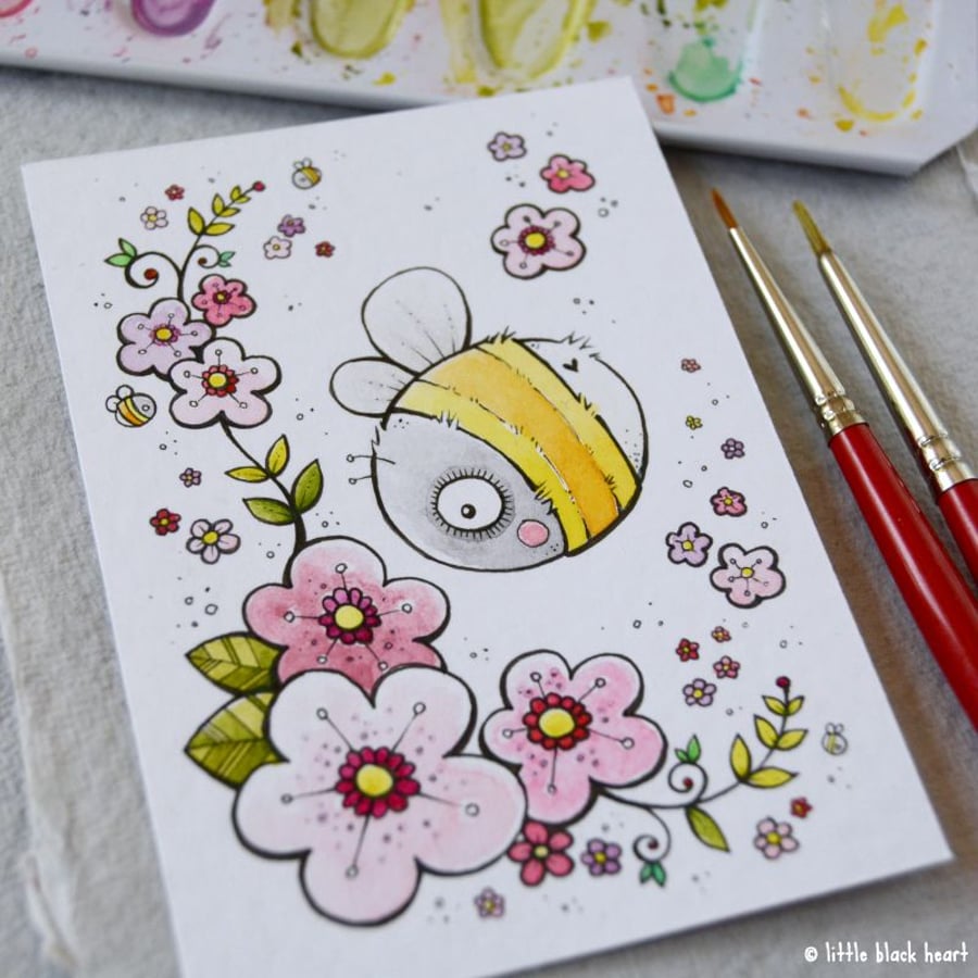 bumble bee and blossom - original aceo