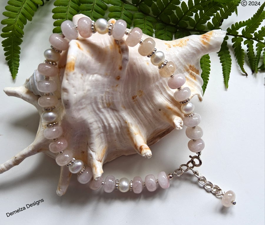Designer Natural Morganite & Freshwater Culture Pearl Sterling Silver Bracelet 