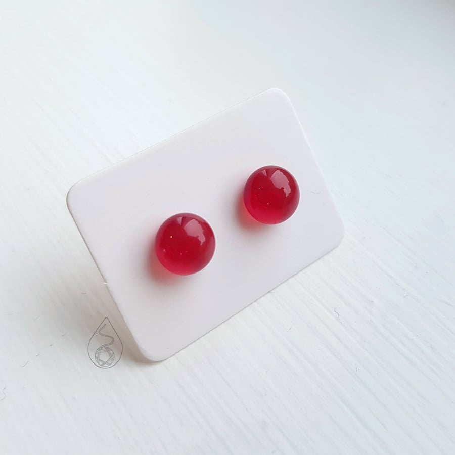 Fused Glass Stud Earrings - Misty Red