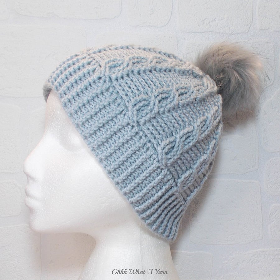 Crochet hat, beanie. Ladies light grey cable pom pom hat. Ladies hat.