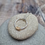 Silver Circle Necklace with 5 Gold Rings, 5 Decades, 50th Birthday - JBJ2034