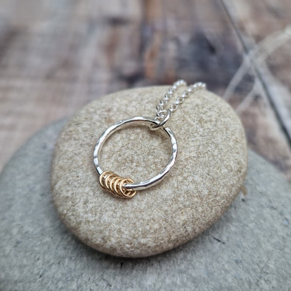 Silver Circle Necklace with 5 Gold Rings, 5 Decades, 50th Birthday - JBJ2034