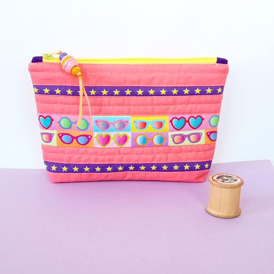 Small Coral Pink Quilted Patchwork Zipper Pouch