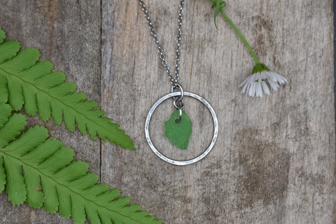 Sea Glass and Sterling Silver Hoop Necklace, Green