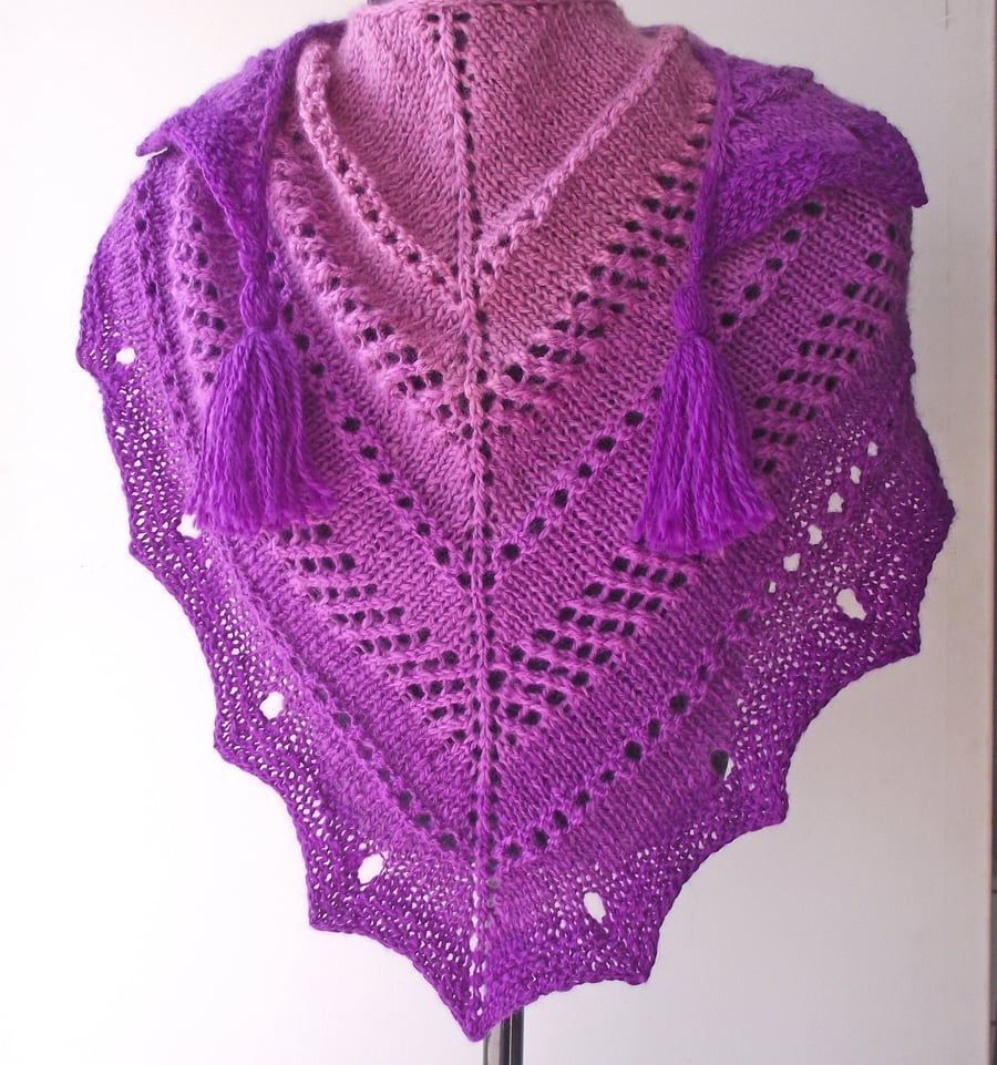 Handspun Knitted Shawl, Scarf or Wrap, Gradient Pink & Purple Pure Merino Wool 