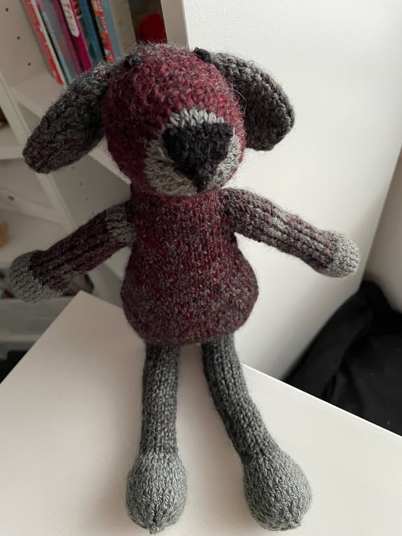 Soft Bodied Hand Knitted Grey and Burgundy Dog