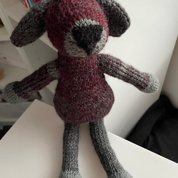 Soft Bodied Hand Knitted Grey and Burgundy Dog