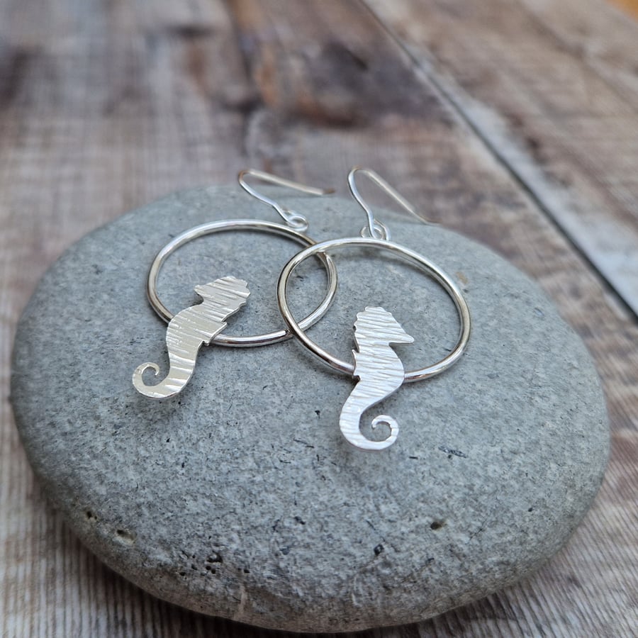 Sterling Silver Circle Hoop Earrings with Sea Horse Detail