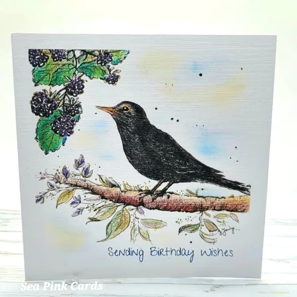 Birthday Card - blackbird and blackberries, original artwork, nature