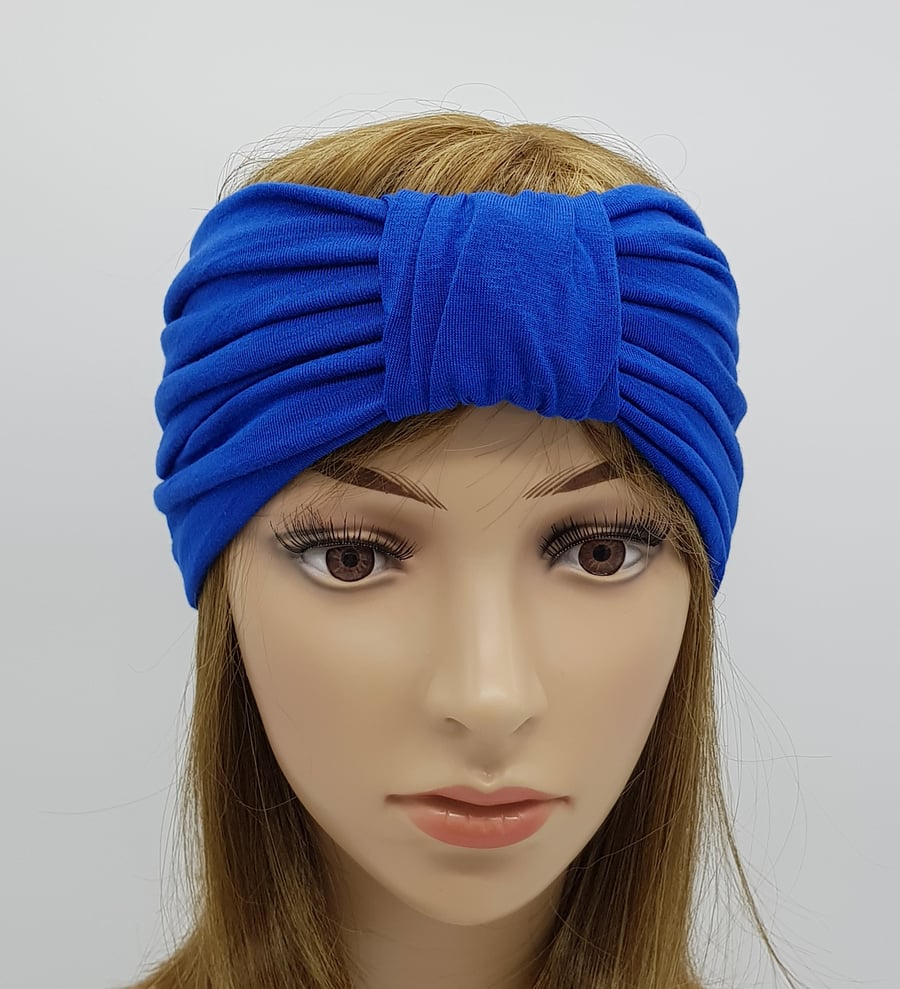 Royal blue turban headband, top knot stretch viscose jersey turban headband