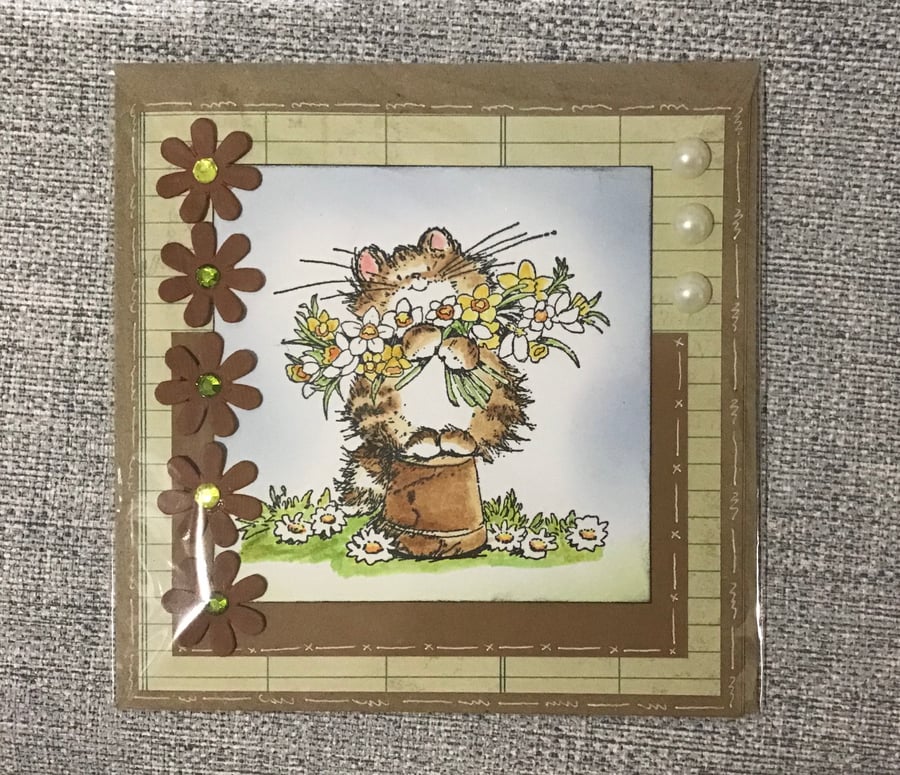 Cat with Bouquet of Flowers Card
