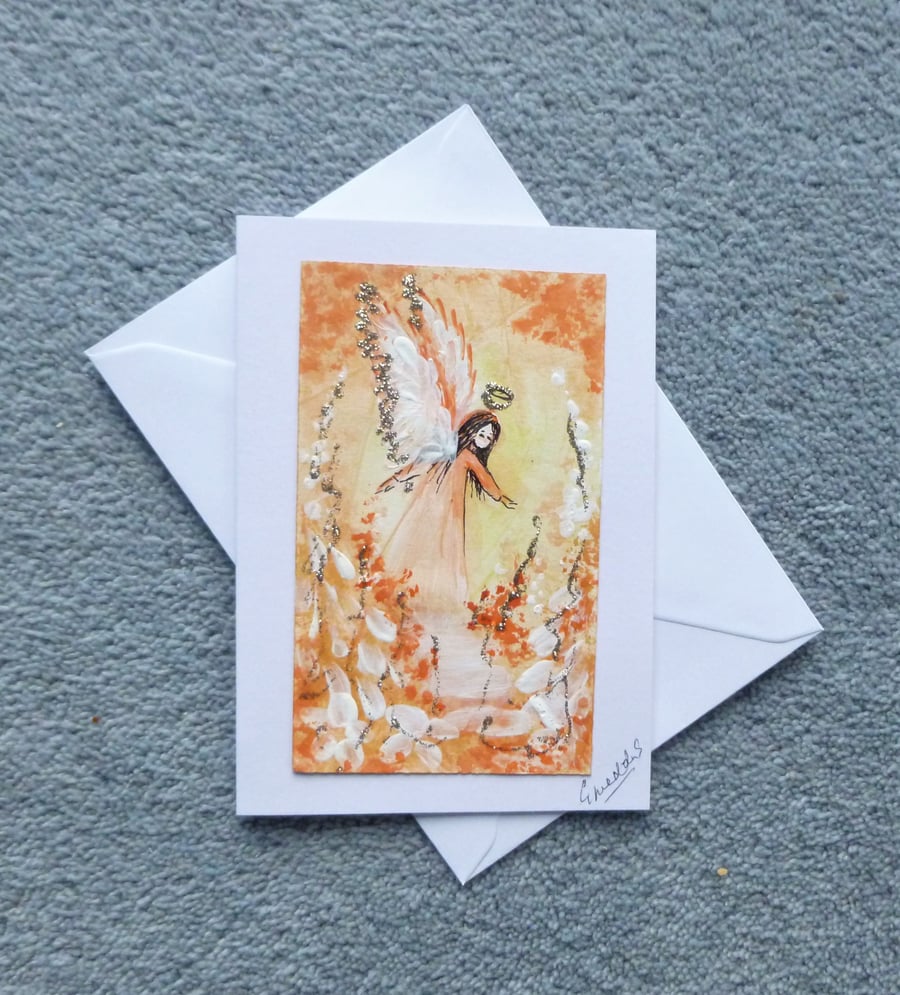 hand painted angel art blank greetings card ( ref F 812 G2 )