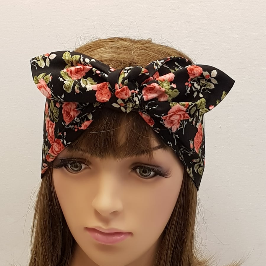 Floral self tie hair scarf, extra wide hair tie, hair band, cotton hea scarf