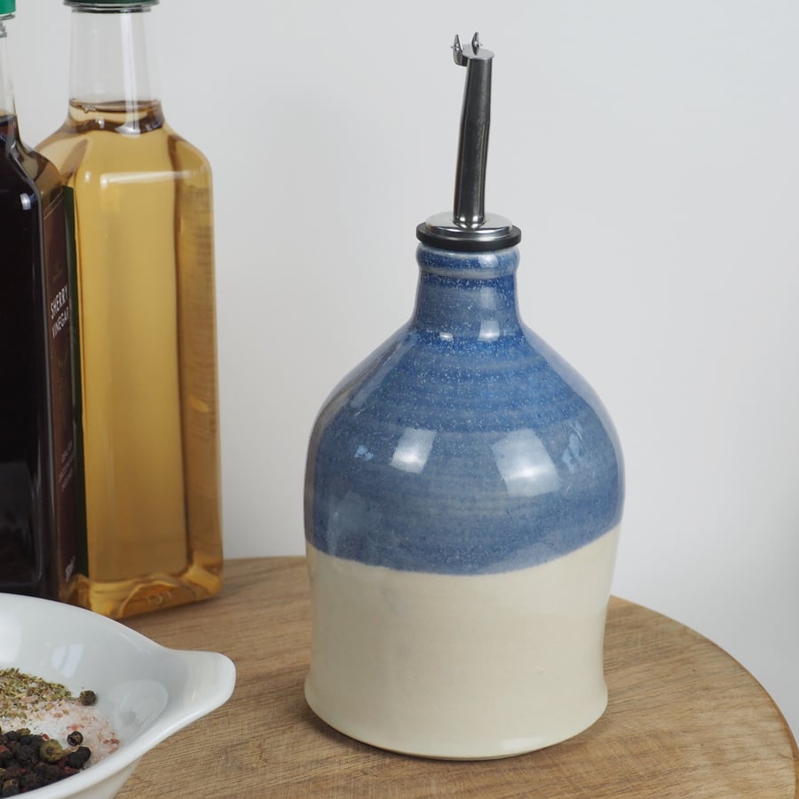 Pouring Bottle or Oil Pourer - Blue and white