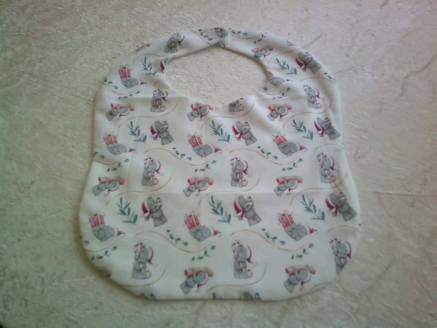 Babies Christmas Bib with Grey Bear with Candy Canes on a White Background