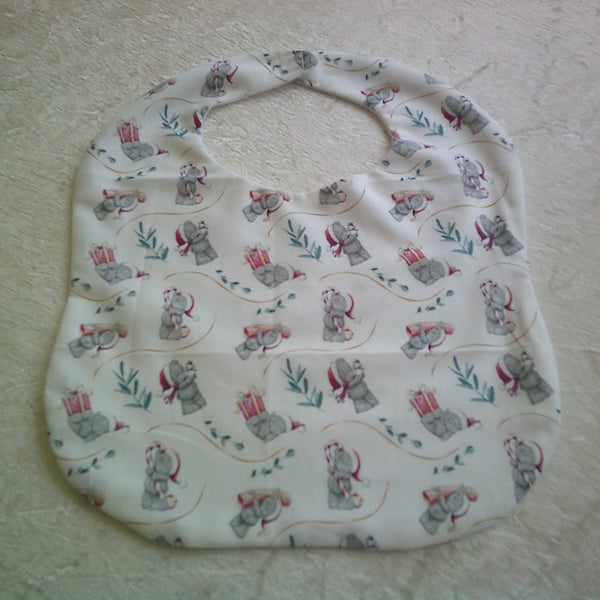 Babies Christmas Bib with Grey Bear with Candy Canes on a White Background