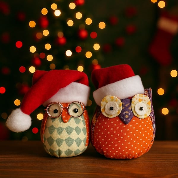Christmas Owls - fabric - decoration- novelty - gift (x2)