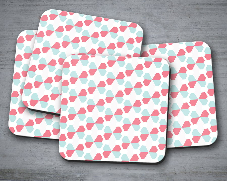 Set of 4 White with Pink and Blue Geometric Butterfly Design Coasters