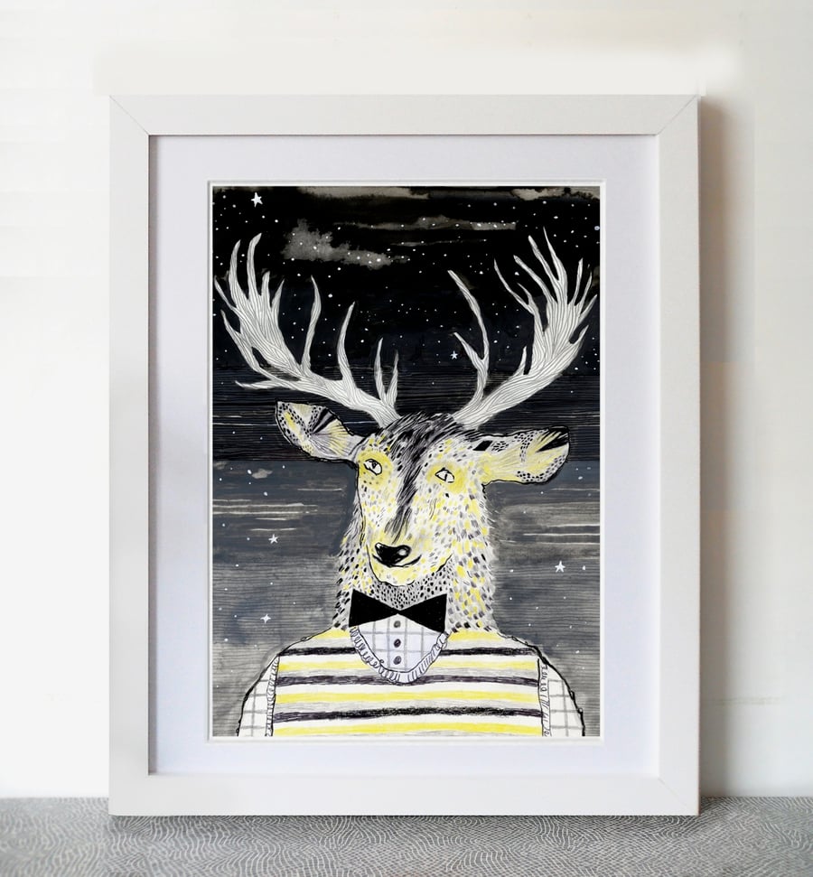 The Golden Stag in a striped tanktop A3 Print 