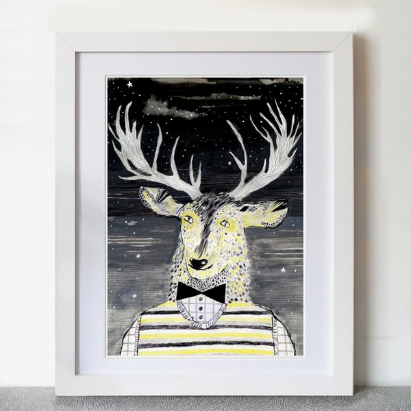 The Golden Stag in a striped tanktop A3 Print 