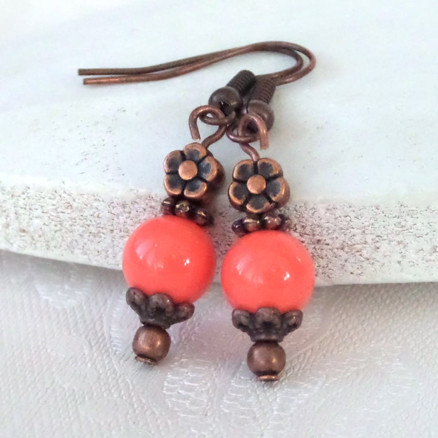 Living coral jade and copper earrings