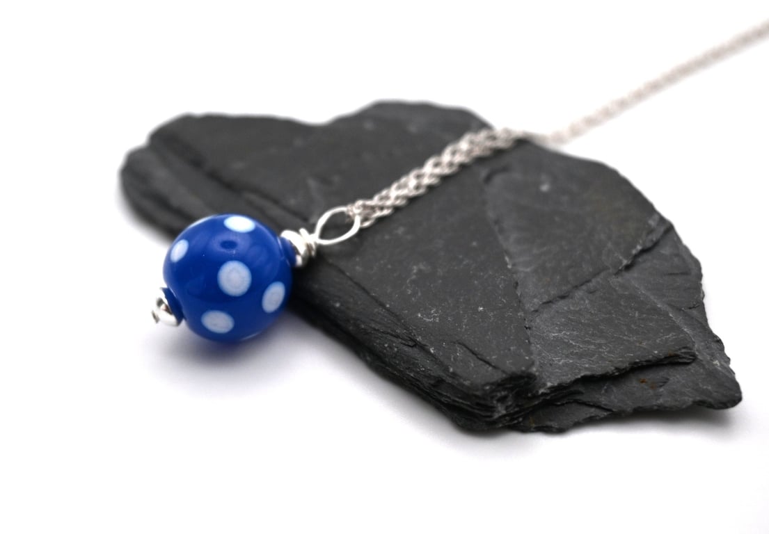dark blue polka dot glass pendant necklace