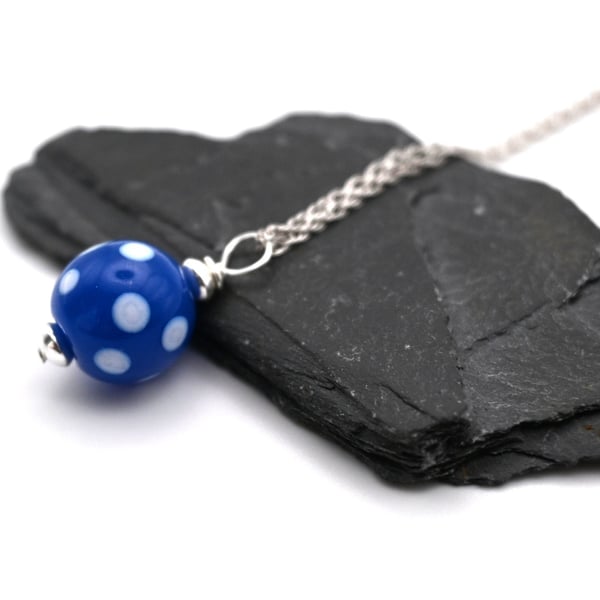 dark blue polka dot glass pendant necklace
