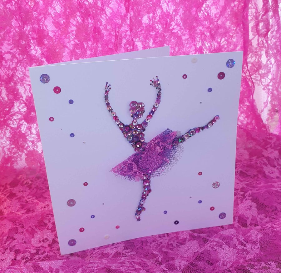 Ballerina Pink and Purple Handmade Sequin Blank Greetings Card