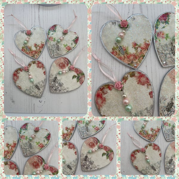 Decoupage Rose Wooden Heart Decorations  PB10