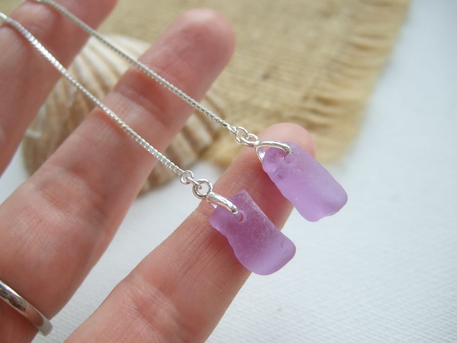 Purple sea glass earring, Neodymium threader earrings, Spanish color changing