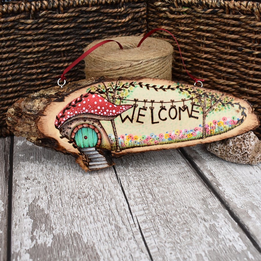 Pyrography welcome plaque. Toadstool fairy house. Faerie garden, house sign.