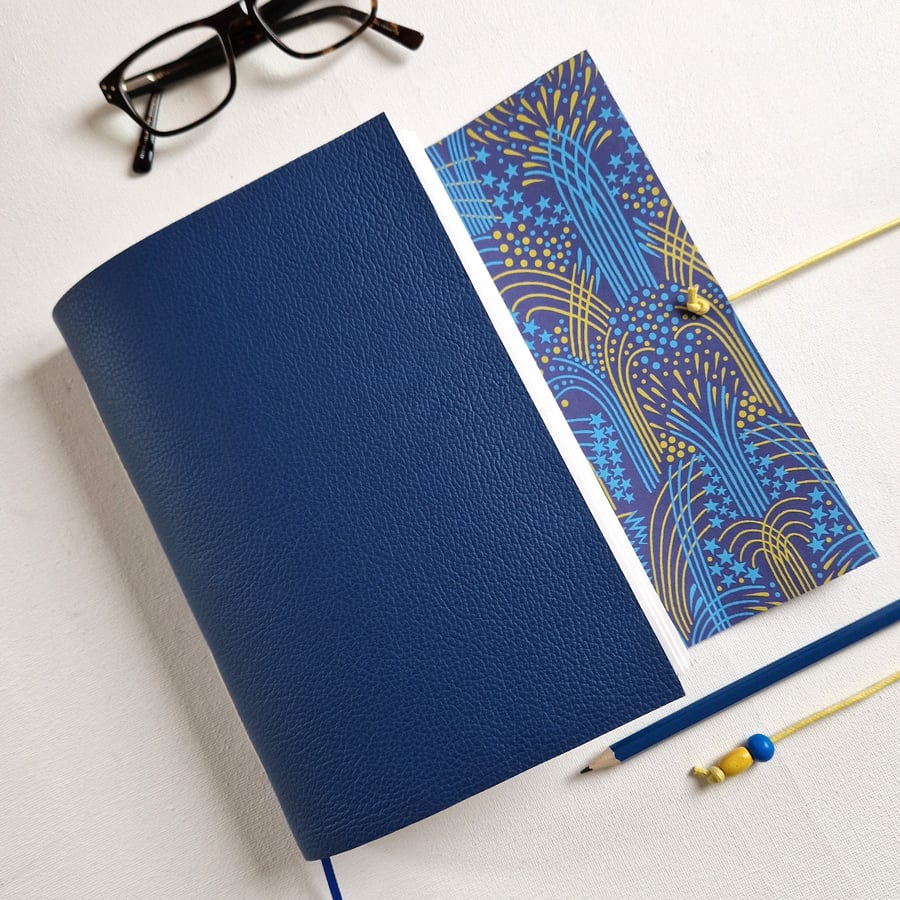 Celebration Journal, Hand Bound in Blue Leather, Firework paper lining, A5