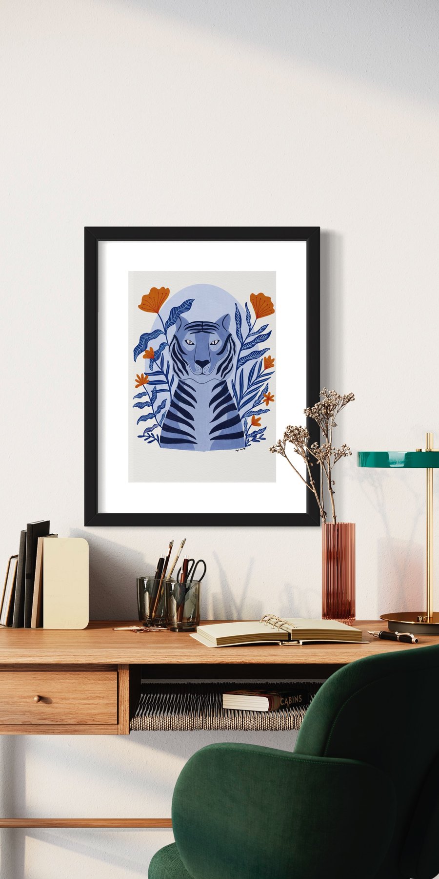 Tiger in the garden in Monochrome Blue - Illustrated Art Print 