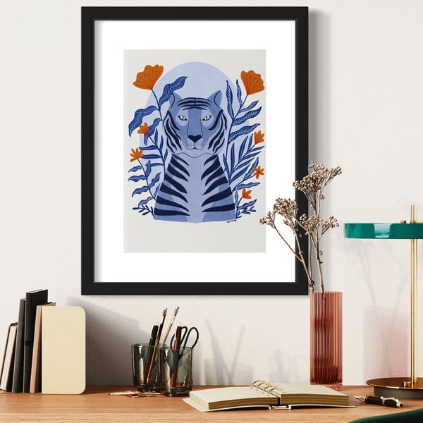 Tiger in the garden in Monochrome Blue - Illustrated Art Print 