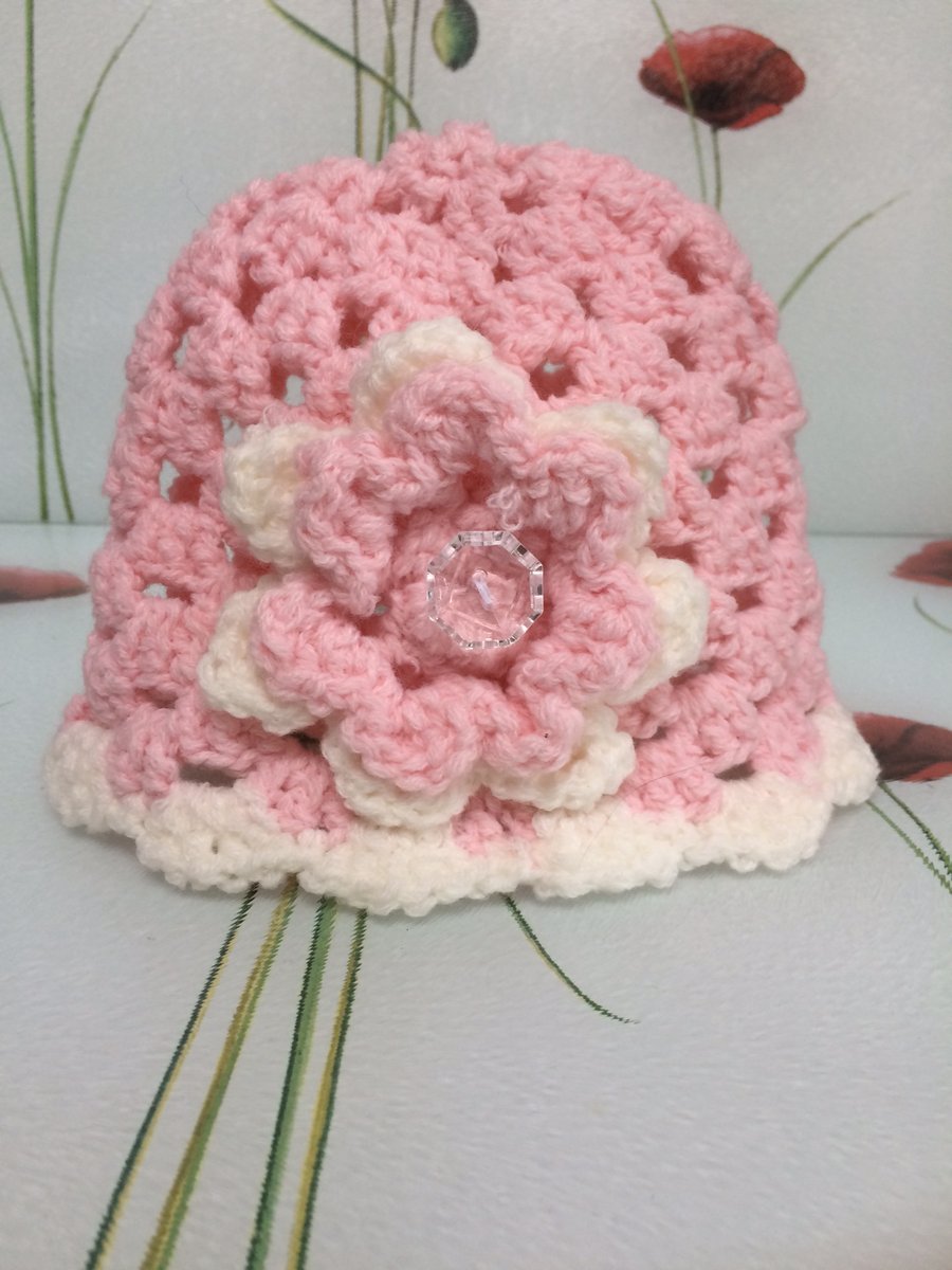 Winter Pink White Hand Crochet Baby Hat with Flower by Poppy Kay Designs